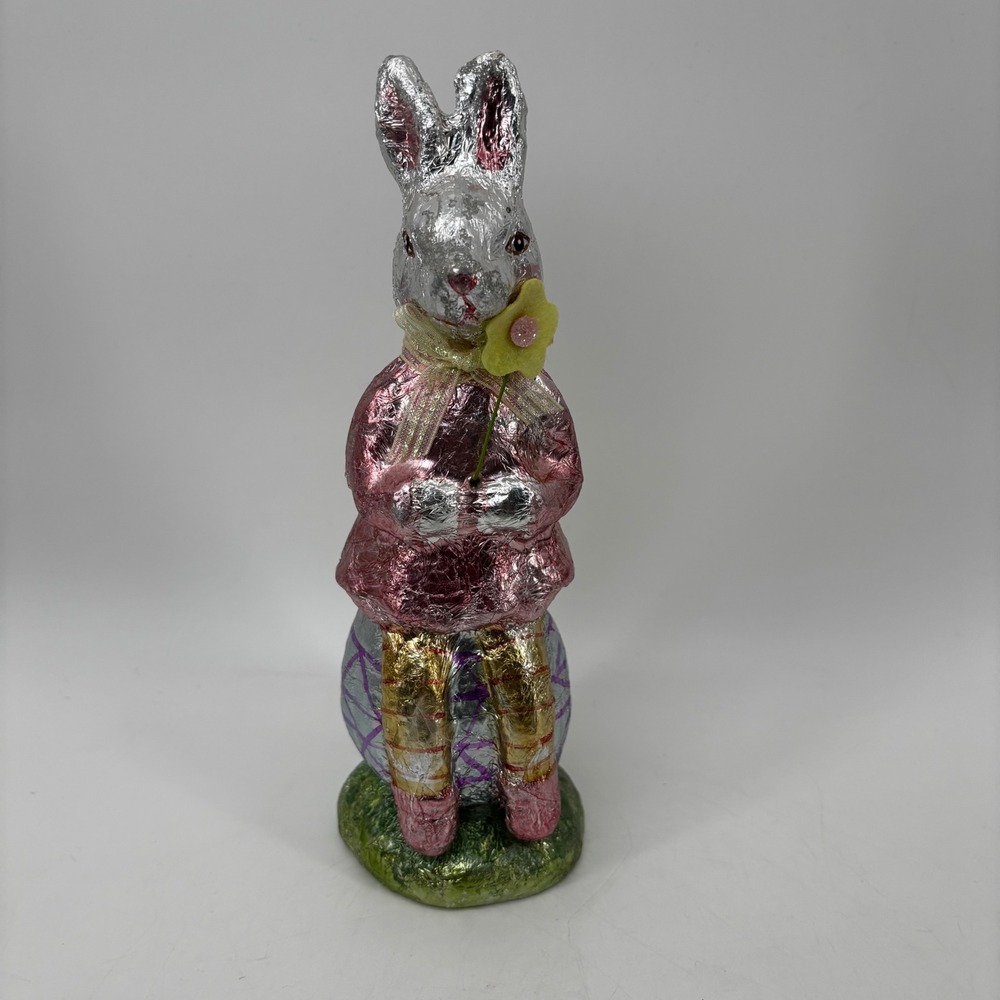 Vintage Style Foil Wrapped Easter Bunny Figurine Rabbit on Egg Pink Silver 8.5"